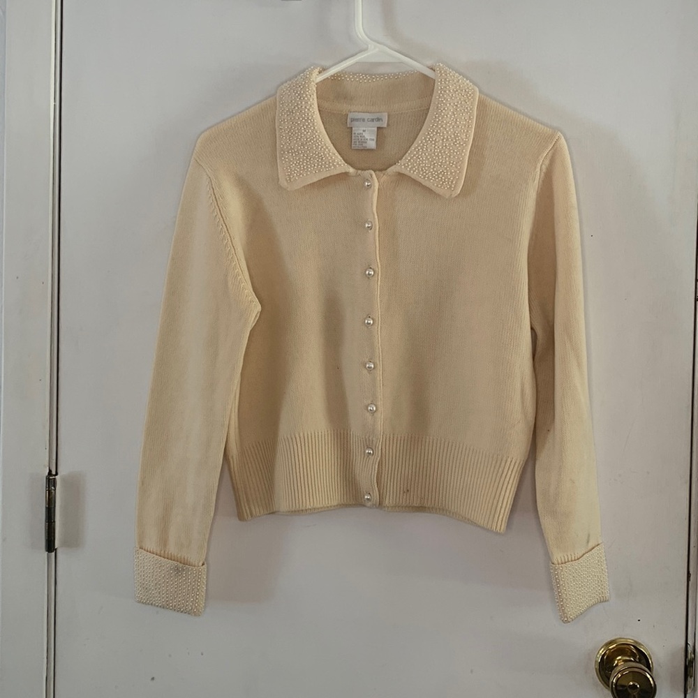 Pierre Cardin beige ivory wool cardigan with pearl buttons, collar and cuffs